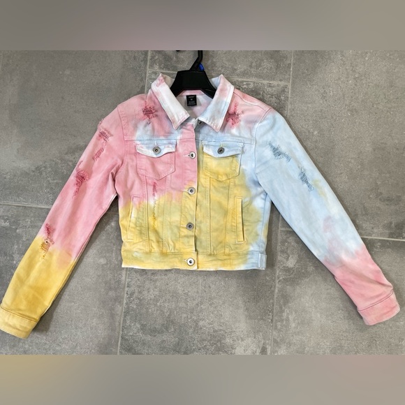 Redfox spring Rainbow Tie Dye Casual Denim Jacket - Picture 3 of 7